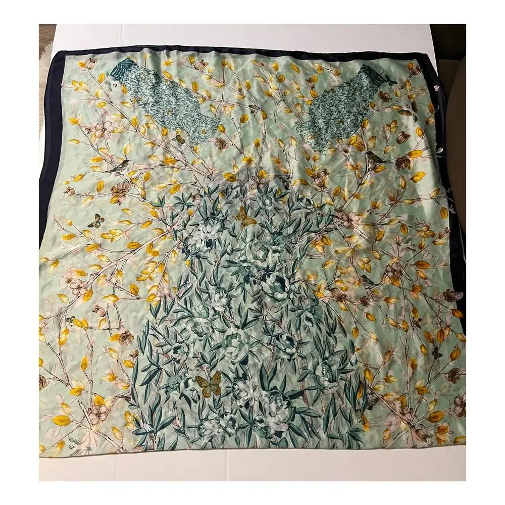 Women's Light Green Scarf 68 X‎ 36 Bird's Flowers and Planted Tree Rolled Hem